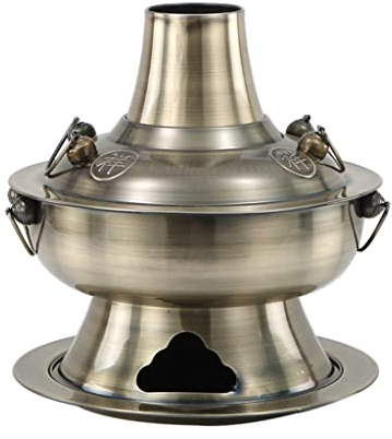 CRBUDY Verdickter Edelstahl-Hot Pot, chinesischer Kupfer-Hot Pot im Alten Peking-Stil, chinesischer Fondue-Topf, Kochgeschirr-Set (Farbe: Braun, Größe: 36 cm)