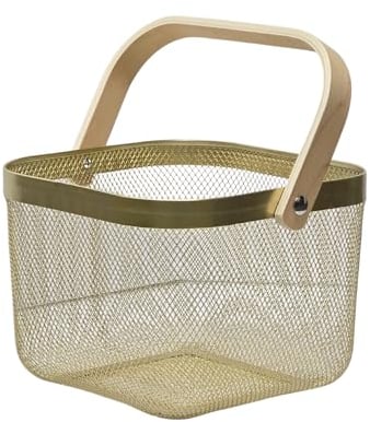 Trendi Fruit Baskets for Kitchens, Wooden Handle Metal Basket Storage Organizer, Multi-functional for Kitchen, Bathroom, Pantry, Cabinet, Home, Shopping, Picnic (Gold)