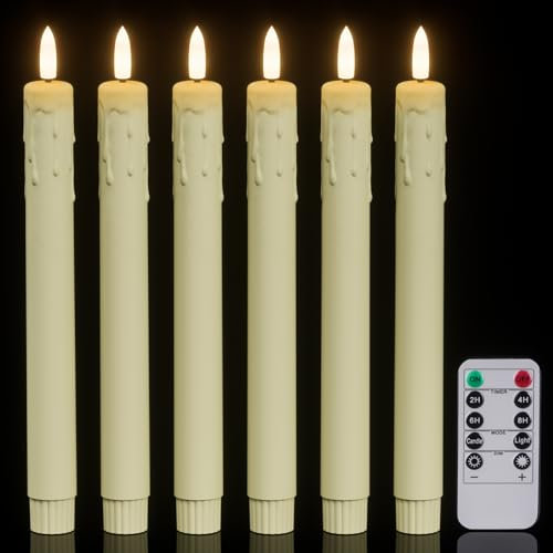 Eldnacele LED Stabkerzen mit Fernbedienung, Timer und Dimmer, 24,5 cm batteriebetriebene flammenlose Kerzen aus Kunststoff, tropfendes Wachsdesign, 6er Set elfenbeinfarbene flackernde Kerzen