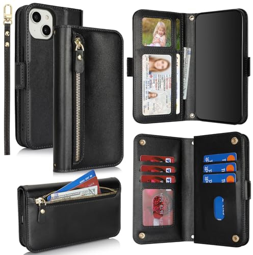 SailorTech for iPhone 14 Plus Phone Case Wallet with Card Holder for Women, iPhone 14 Plus Wallet Case with Credit Card Slots Flip Case Zipper Shockproof Case for Men - Black