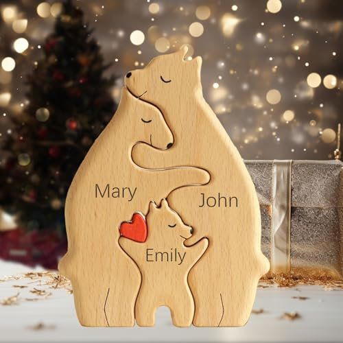 Custom Wooden Bear Puzzle - Personalised Engraved Family Name Gift for 2-8 Last Names | Mother's Day, Father's Day, Christmas & Housewarming Present (Style 9)