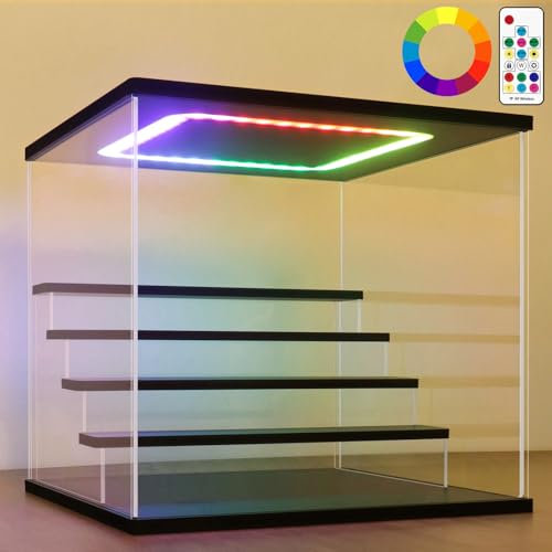 Nonemey Acryl Vitrine Ständer mit Bunten Led Licht,3/4/5/6 Schichten Schaukasten Vitrine Staubdichte Organizer Acrylbox für Sammlerstücke Figuren (Schwarz, 5Stufen-31.5x31x30 cm)