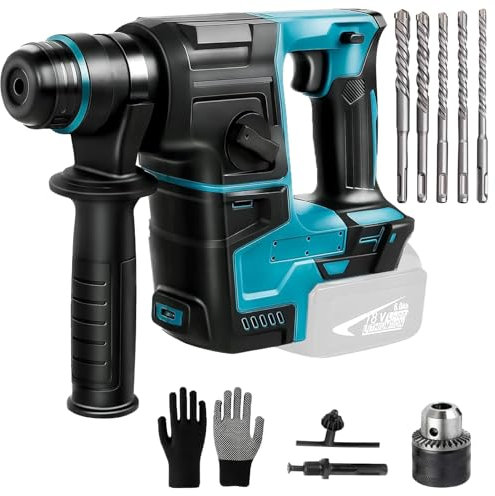 Martello perforatore a batteria compatibile con batteria Makita 18 V con 8 punte e guanti, 2,2 Joule, 1400 giri/min, 4200 bpm, per forare, trapano a martello, scalpello per mattoni, legno, acciaio,