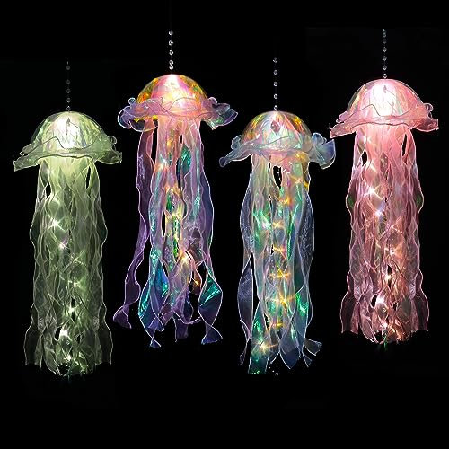 Dremisland 4 Stück Schwebende Quallen Lampe Hängend Leuchtende Quallen Blau Lila Rosa Tragbare Quallen Laterne Jellyfish Lamp Aufladbar Stimmungslicht für Geburtstags Mädchen Atmosphärenlicht
