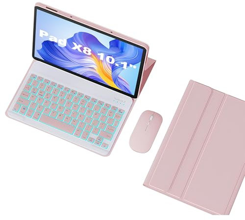 HLTOOP Custodia con Tastiera per Honor Pad X8 10.1 Pollici, Tastiera Retroilluminata Magnetica Staccabile A 7 Colori con Copertura Protettiva, Mouse Bluetooth,Rosa