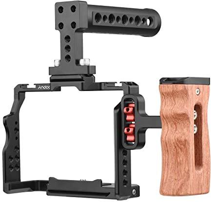 Juroupi Camera Video Cage + Top Handle + Side Wooden Grip Kit Aluminum Alloy with Dual Cold Shoe Mounts Numerous 1/4 Inch Threads Replacement for Sony A7IV/ A7III/ A7II/ A7R III/