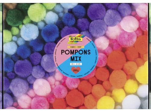 folia 50209 - Pompons Mix JUMBO BUNT, 200g Pompoms in 15 Farben, ca. 900 Plüschkugeln mit Ø 1-4 cm, zum Basteln, Verzieren und Dekorieren