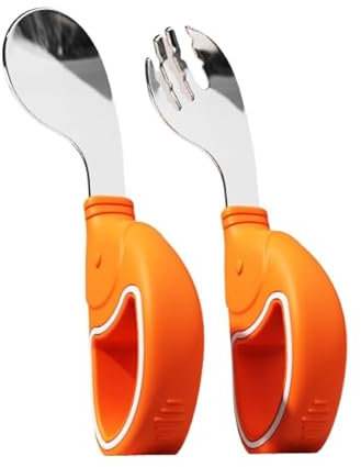 ORAGKE Cubiertos Bebe Acero Inoxidable con Mango Silicona, Ergonómico Cubiertos Infantiles con Estuche, Cuchara y Tenedor Bebe Aprendizaje sin BPA, Talheres para Bebés Niños Pequeños 1 año (Naranja)