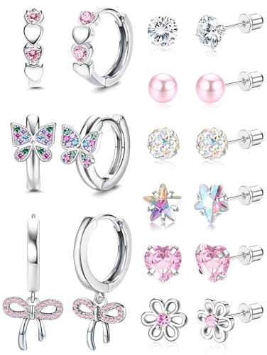DOCHAIS 9Paia Orecchini Bambina Anallergici Acciaio Chirurgico 316L Inossidabile Orecchini Set Carina Farfalla Fiore e Cuore Orecchino a Cerchio Argento 5A+ Zirconia Cubica Orecchino Set Bambina Donna