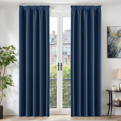 TOPICK Gardinen mit Kräuselband Vorhänge Blickdicht Verdunklungsvorhänge blackout Curtains living Room 245x140 cm 2er set Vorhänge Wohnzimmer modern Gardinen für Schienensystem Schlafzimmer Dunkelblau
