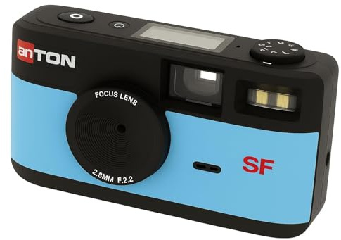 Anton Screen Free Digitalkamera Blau mit Vintage Sucher/USB-C Kabel für Bilderübertragung z. B. direkt auf EIN Smartphone.