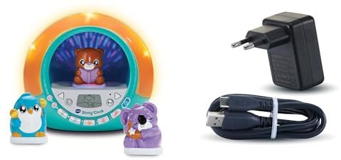 VTech - Story'Clock Bleu Ma Conteuse-Réveil, Dès 3 Ans - Contenu en Français + Adaptateur Secteur Chargeur USB-C