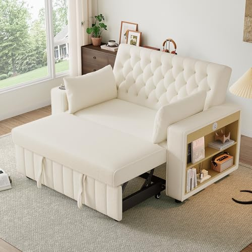 Soweiz Multifunktionales Schlafsofa, Klappsofa mit Stauraum und Schlaffunktion, Getränkehalter, USB-Ladeanschluss und Kissen, platzsparende Couch für Wohnzimmer, Schlafzimmer und Gästezimmer (Beige)