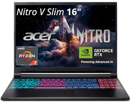 acer Nitro V Slim ANV16S-41-R3Q0 Gaming Laptop | 16 WQXGA IPS | NVIDIA GeForce RTX 5070 | AMD Ryzen Processor | 16GB RAM | 512GB SSD | WiFi 6E | Backlit Keyboard | HDMI | USB4 | RJ-45 | Win 11 Home