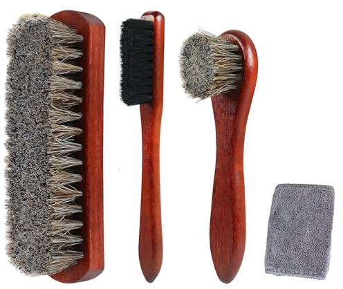 Kit Limpieza Zapatos 4 Piezas, Cepillos de Crin de Caballo y Paño