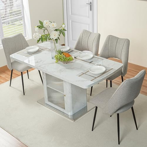 Generisch Ausziehbarer Esstisch 120-160 cm mit weißer Marmoroptik Platte und integriertem Stauraum Unterschrank mit Metallbasis - Modern, stapelbar, leicht zu reinigen