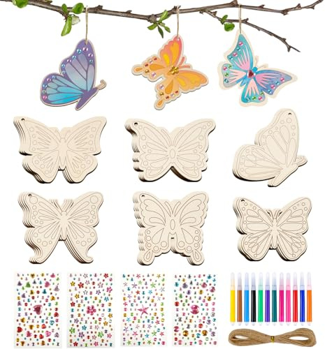 ARTREE Bastelset Kinder Schmetterlinge zum Bemalen Kindergeburtstag – 24 Holz Anhänger DIY Set für Mädchen ab 4 5 6 7 8 9 10 Jahren, Kreativset für Osterdeko, Frühlingsbasteln & Geschenk Geburtstag