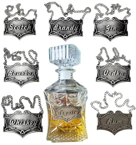 Liquor Bottle Tags Set of 8 with Adjustable Chain, Decanter Labels for Gin, Vodka, Bourbon, Whiskey, Brandy, Rum, Scotch, Tequila/Liquor Decanters Tags for Bottle