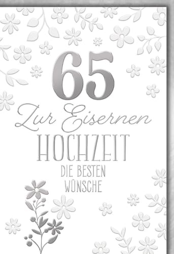 Karte zum 65. Hochzeitstag für Senioren - Eiserne - Silberne Blumen auf weißem Hintergrund mit Prägung - Klappkarte mit Umschlag für Paare