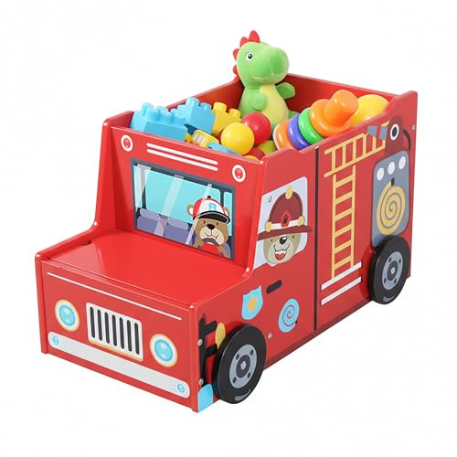 Relaxdays Spielzeugkiste Feuerwehr, Kinderzimmer, HBT: 34 x 60 x 32 cm, Spielzeugbox mit Stauraum & Geheimfach, MDF, rot