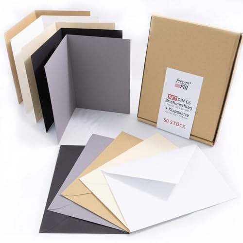 50er Set Klappkarten DIN A6 mit Briefumschlägen C6 | Business Mix | 210g Faltkarten & 120g Umschläge | 100% Made in Germany | Blauer Engel – PresentFill