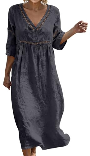 Summer Dresses for Women UK Bohemian 3/4 Sleeve Cotton Dresses Casual Loose Fit Boho Dress Breathable Comfortable Friendly Elegant Style Holiday Beach Travel Everyday Wear