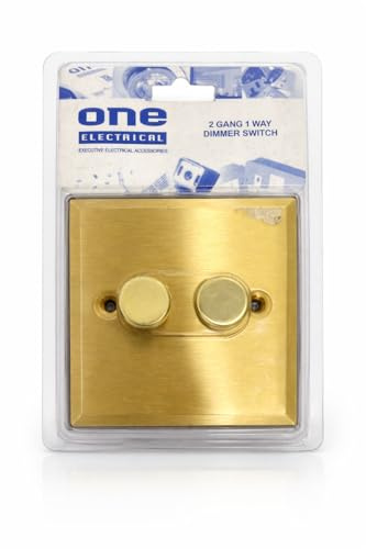 One Electrical EH2008 2 Gang 1 Way Dimmer Switch – Brushed Brass Finish, 240V, 60–250W, UK Standard BS EN60669