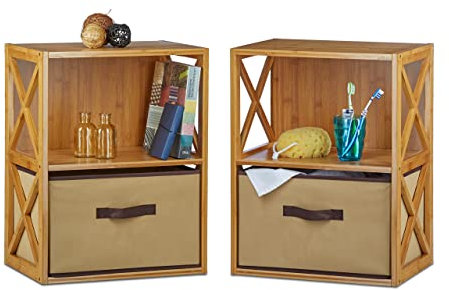Relaxdays 2 x Regal Bambus mit Korb, 2 Ablagen, Holz Standregal, Badregal, Faltbox, HxBxT: 54 x 42 x 29 cm, Natur braun