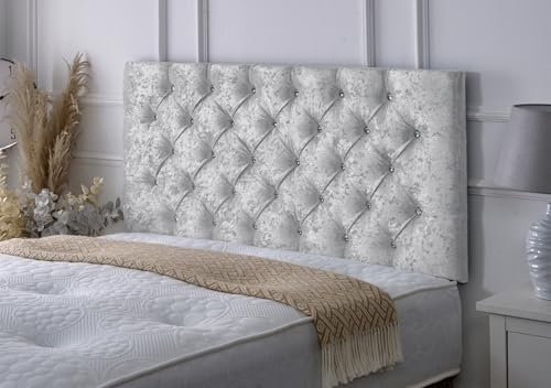 Chesterfield Diamante Frame Divan Bed Headboard | Crushed Velvet Headboards for 4ft Small Double Bed Frame | Elegant design wooden material headboards for beds (Silver,4ft Small Double Height-20inch)