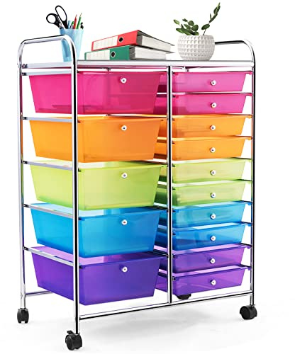 GOPLUS Desserte à roulettes avec 15 Tiroirs en Plastique Coulissant, 63x37x87CM, Chariot de Rangement à roulettes, 2 avec Frein, Poignée Latéral, pour Chambre, Bureau (Multicolore Transparent)