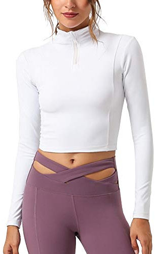 Shengwan Women Long Sleeve Yoga Gym Crop Top Fitness Workout Running Outfits T-shirts White S