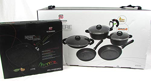 Schumann Professionnel - Batterie de Cuisine 14 pièces Black Rock Faitouts et Poêles + Grill 28cm - Compatible Tous feux dont Induction - Fonte d'Aluminium Sans PFOA - Poignées en Silicone