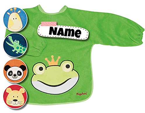 Langarm Lätzchen bestickt mit Namen, personalisiert, Spucktuch Baby mit Ärmel | Baby Erstausstattung (Grün - Frosch)
