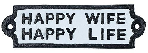 Gusseisen-Schild Happy Wife Happy Life für Wand, Tür, Zaun, Tor, Pfosten