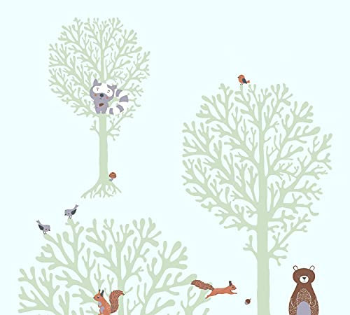 A.S. Création Kinderzimmertapete Little Love Tapete mit niedlichen Wald Tieren PVC-freie Vliestapete grün braun grau weiß seidenmatt glatt 381342