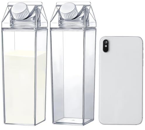 Botellas de agua de cartón de leche de 17 onzas de plástico transparente, portátil, reutilizable, contenedor con forma de caja, jarra de té para viajes, deportes, camping, actividades al aire libre (2