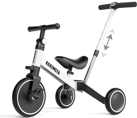 KORIMEFA 4 in 1 Kinder Laufrad Dreirad, Kinderdreirad Laufräder Lauffahrrad mit höhenverstellbarer Schubstange PU-Sitz, Lauflernrad Abnehmbarer Pedale (Weiß(mit Schubstange))