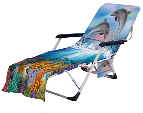 FANSU Schonbezug für Gartenliege, Ozean Druck Strandliegenauflage mit Taschen Weich Strandtuch Badetuch Mikrofaser Pool Handtuch für Strand Reisen Schwimmen Outdoor (Regenbogen Delphin,75x210cm)