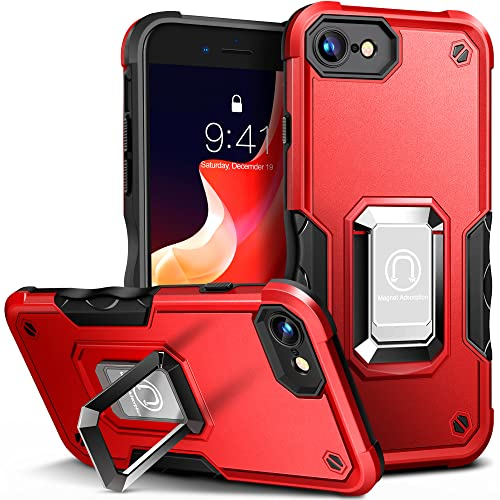 HOOMIL Armor Case for iPhone SE 2022/2020/8/7 4.7-Inch, Heavy Duty Shockproof Protective Phone Cover with Stand, Red