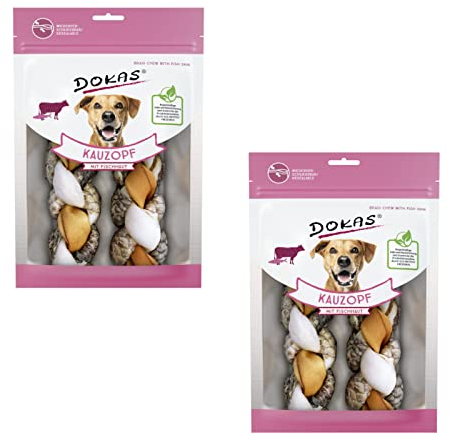 Dokas Kauzopf mit Fischhaut | Doppelpack | 2 x 120 g | Kausnack für Hunde | Rinderhaut und Fischhaut zum perfekten Kauspaß geflochten | Unterstützung der täglichen Zahnpflege