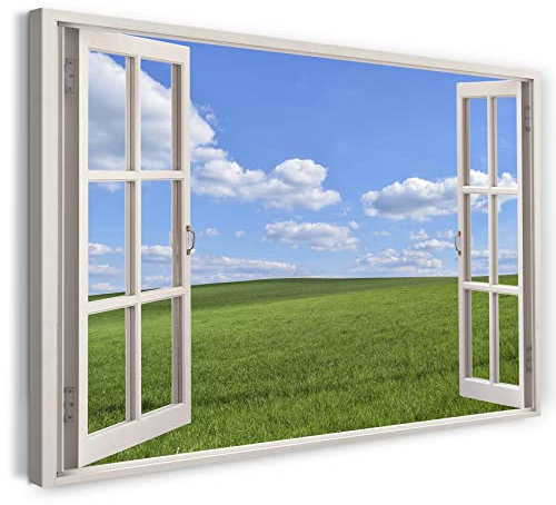Printistico Bilder Fensterblick 80x60cm Baumwoll-Leinwand auf Keilrahmen mit Aufhänger moderner Kunstdruck XXL Wandbilder Wand-Dekoration Wiese Windows Himmel Natur Landschaft - Natur-Fotografie