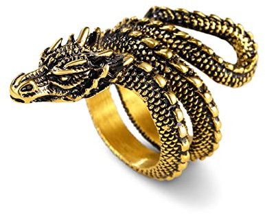 U7 Herren Punk Wikinger Drache Ring - 18k Vergoldet, Vintage Lóng Design, Statement Biker Rapper Modeschmuck Accessoire für Geburtstag (Größe 57)
