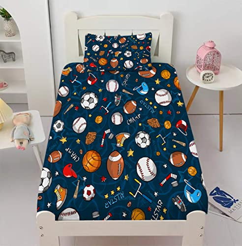 Gusuhome Sports Fitted Sheet Twin Size for Boys Basketball Baseball Football Soccer 3D Printed Sheet Set for Teens Children Kids Bedroom Print Comfy Bedding Bed Sheet Set Decorative for Sports Fans