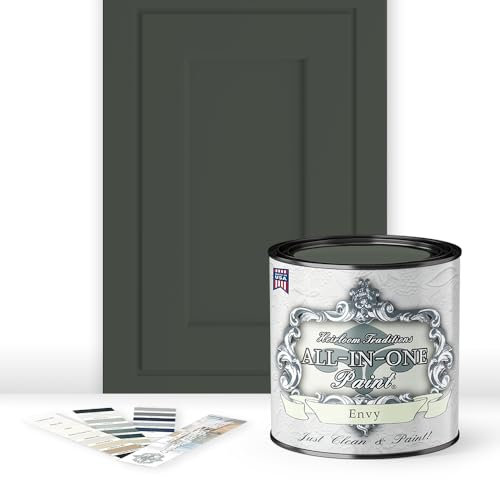 ALL-IN-ONE Paint, Durable cabinet and furniture paint. Built in primer and top coat, no sanding needed. Includes our 30 featured color card - Envy (slate green), Quart