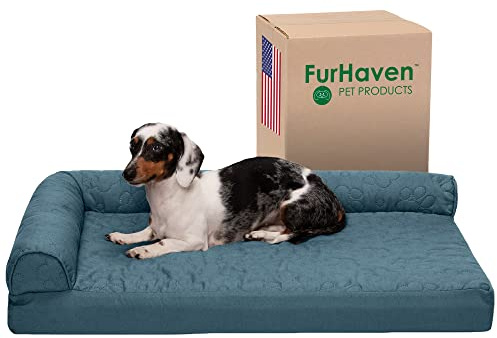 FurHaven Medium Cooling Gel Foam Dog Bed Pinsonic Quilted Paw L Shaped Chaise w/Removable Washable Cover - Bluestone, Medium