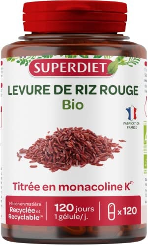 SUPERDIET - LEVURE DE RIZ ROUGE - Bio - Végan - Titrée en monacoline K - Fabrication française - 120 gélules