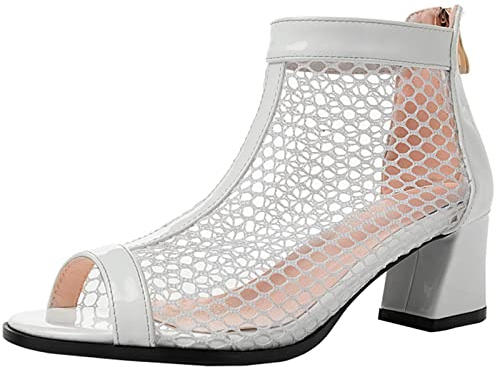 CUTEHEELS Stivali estivi da donna Coolee a rete con punta a punta aperta e tacchi a blocco e cerniere posteriori, bianco, 40 EU