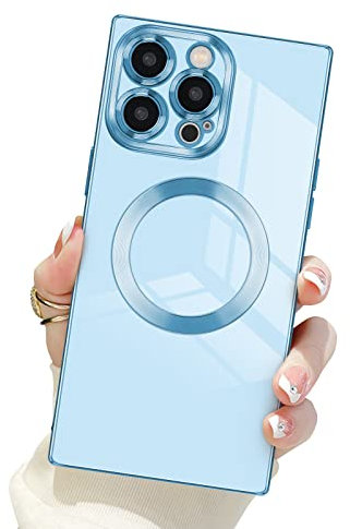 Newseego Magnetic Case for iPhone 14 Pro Max Compatible with MagSafe, Square Flexible Soft Silicone Phone Case Golden Rim Shockproof Camera Protection Bumper Cover for iPhone 14 Pro Max-Blue