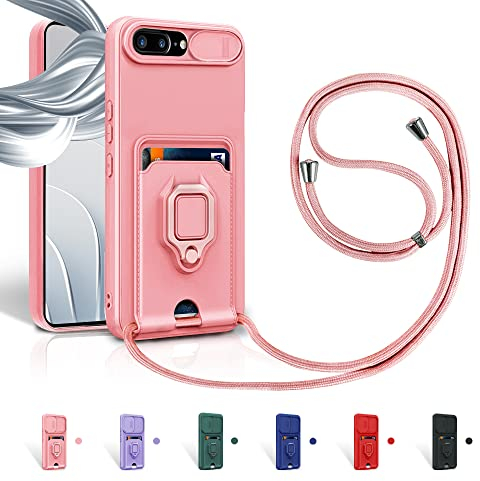 Aithne Case für iPhone 8 Plus/7 Plus/iPhone 6s Plus/6 Plus Handykette Hüll,Slide kameraschutz,Silikon Handyhülle zum Umhängen Kette,360 Grad Ringhalter Stand Kartenfach-Pink