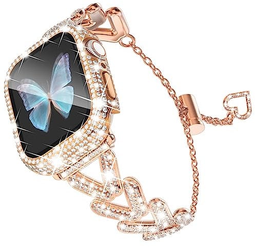 WINGLE for Rose Gold Apple Watch Bands 41mm for Women, iWatch Series 9 8 7 Stainless Steel Metal Band Luxury Diamond Bracelet Crystal Strap with Bling Screen Protector Case Dressy Chain Link, 41 mm